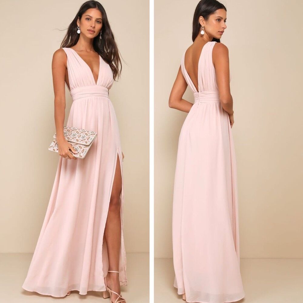Lulus Heavenly Hues Blush Maxi Dress Size Small NWT Bridesmaid Wedding V Neck